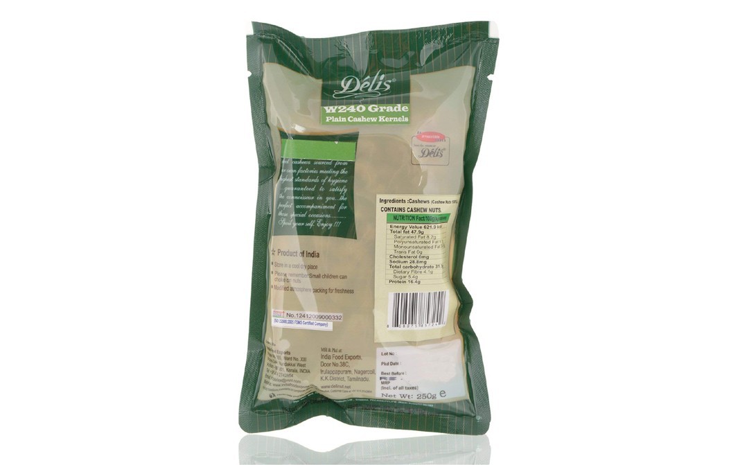 Delis W240 Grade Plain Cashews    Pack  250 grams